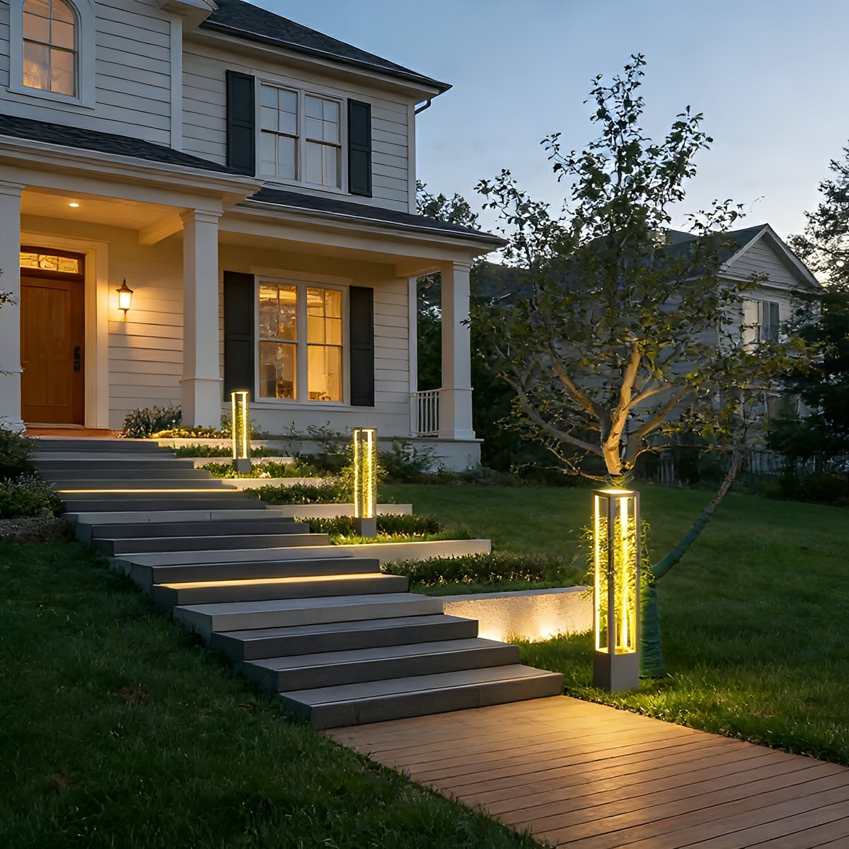 Modern Waterproof Hollow Plants Pot Outdoor LED Lawn Pillar Lights