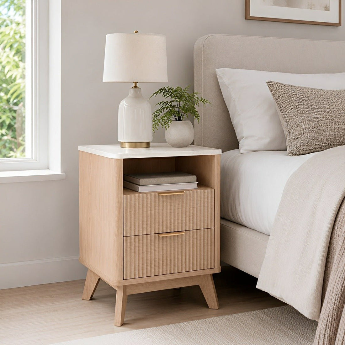 2 - Drawer Bedside Cabinet Carved Nightstand with Charging Station - Flyachilles