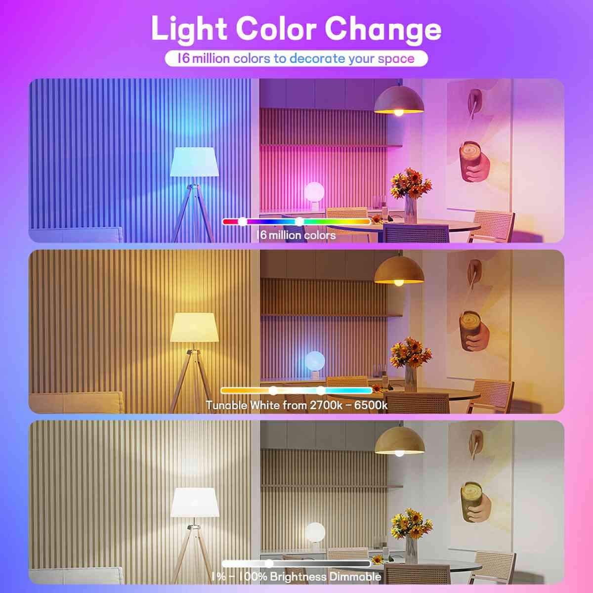 2 Pcs Dimmable WiFi Wireless E26 Smart LED Light Bulbs RGB CCT - Flyachilles