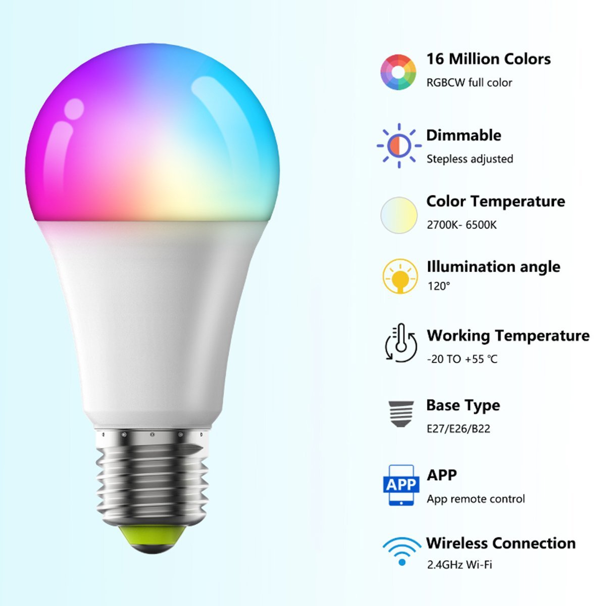 2 Pcs Dimmable WiFi Wireless E26 Smart LED Light Bulbs RGB CCT - Flyachilles