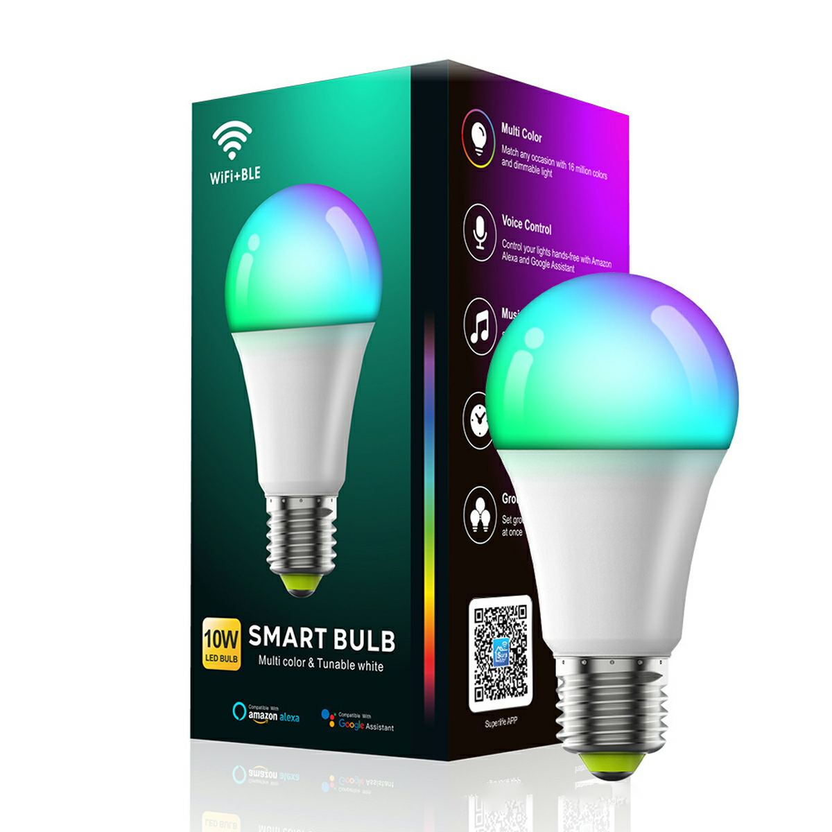 2 Pcs Dimmable WiFi Wireless E26 Smart LED Light Bulbs RGB CCT - Flyachilles