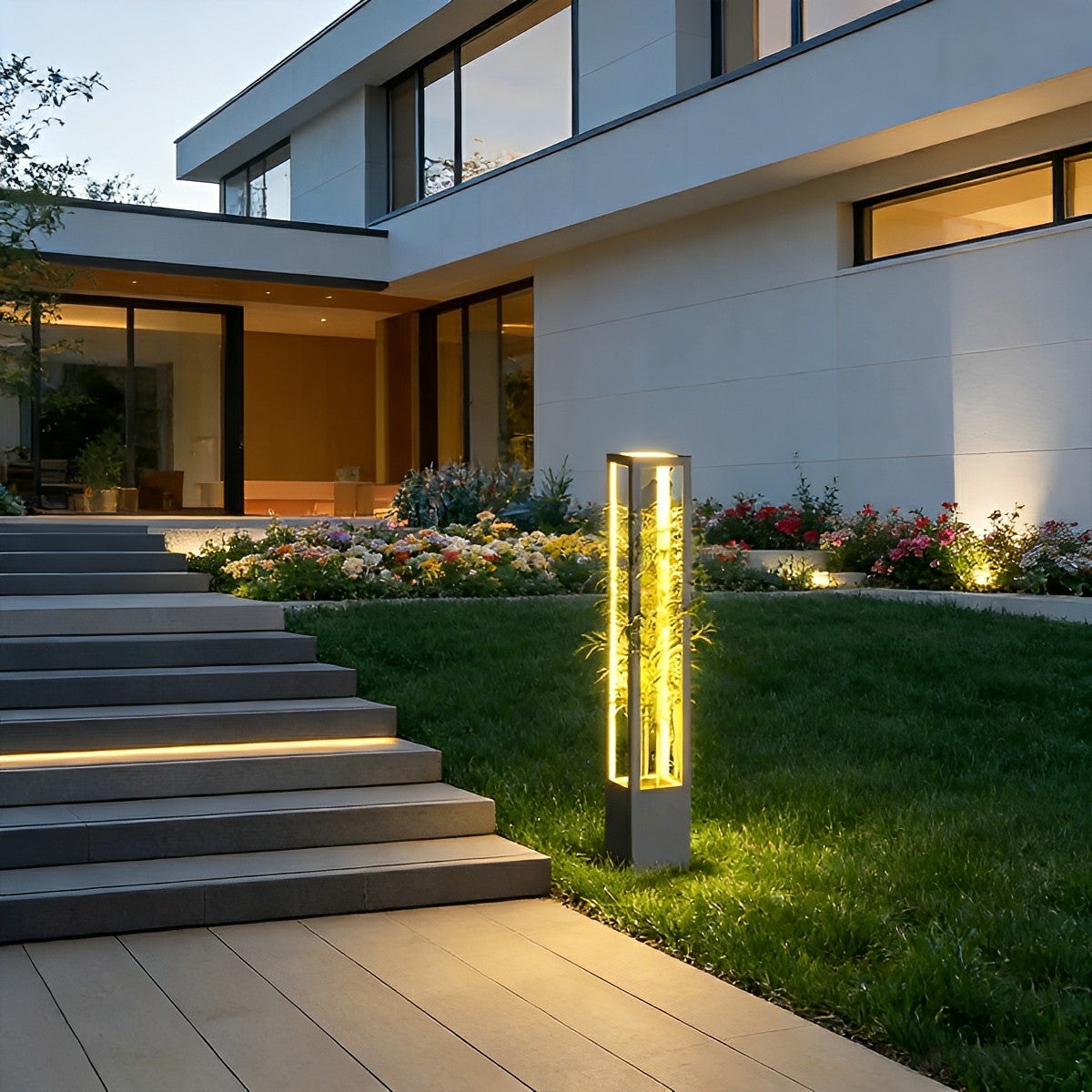 Modern Waterproof Hollow Plants Pot Outdoor LED Lawn Pillar Lights