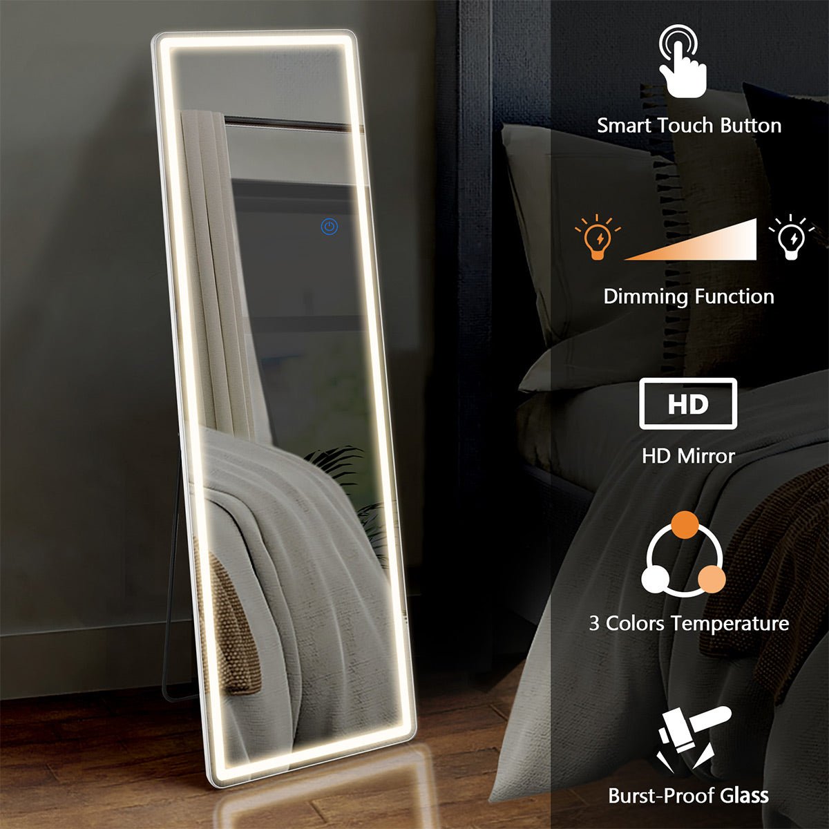 3 Color LED Lights Full Body Floor Mirror with Stand, Wall Mounted Hanging - Flyachilles
