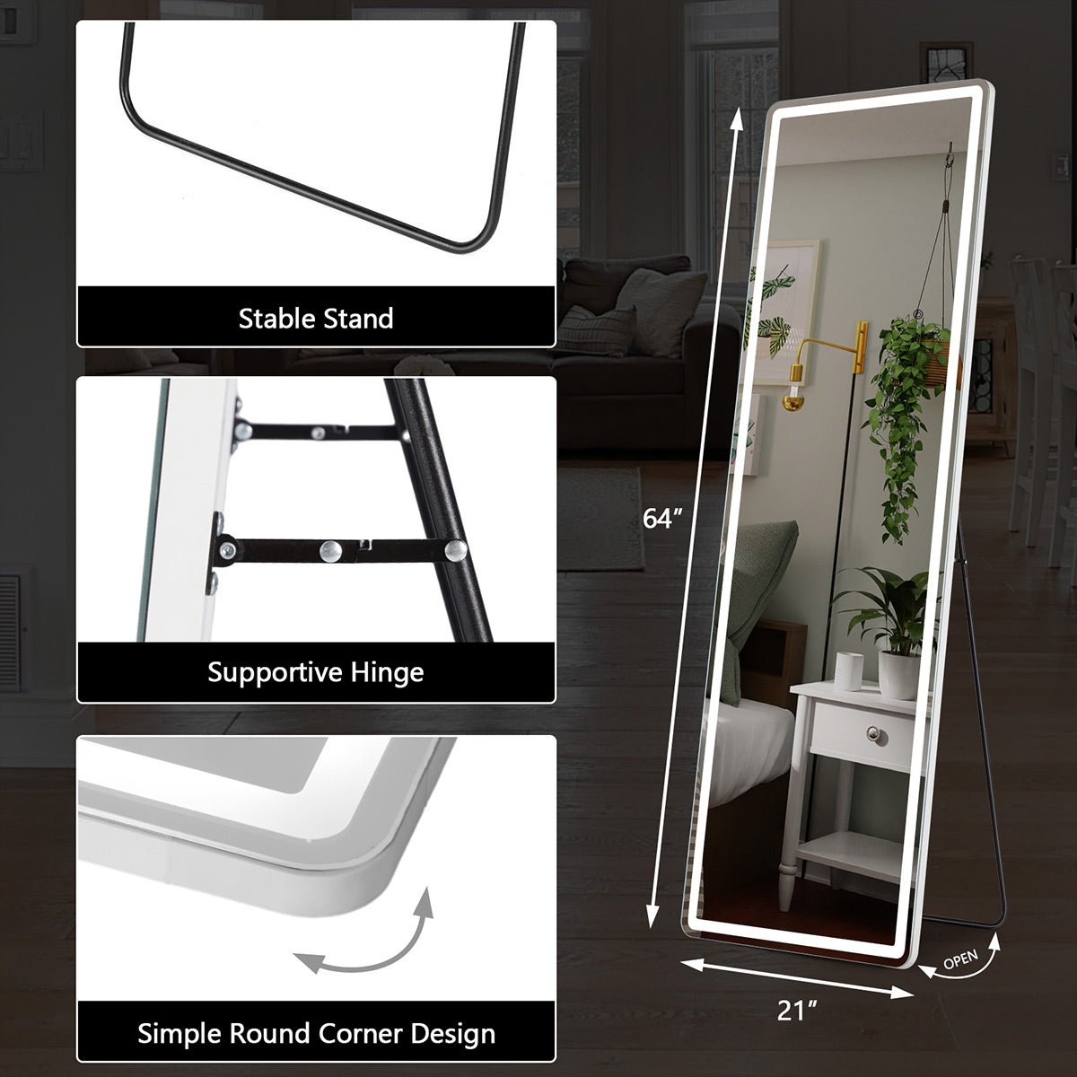 3 Color LED Lights Full Body Floor Mirror with Stand, Wall Mounted Hanging - Flyachilles