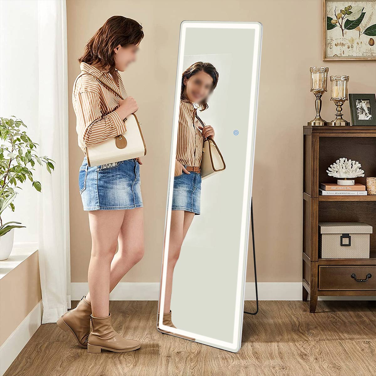 3 Color LED Lights Full Body Floor Mirror with Stand, Wall Mounted Hanging - Flyachilles