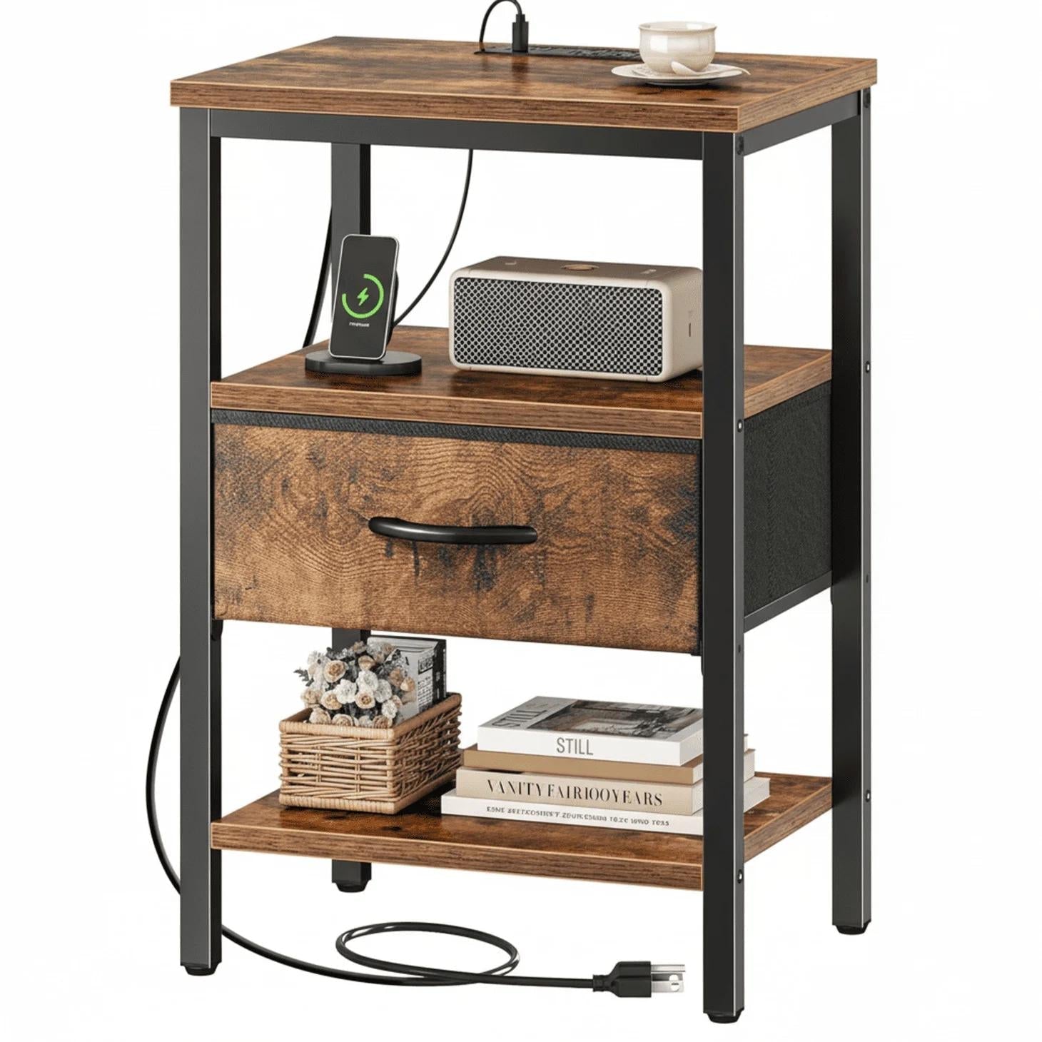 3 - Tier Bedside Table Nightstand with Charging Station - Flyachilles