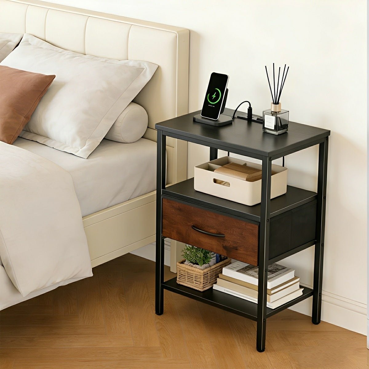 3 - Tier Bedside Table Nightstand with Charging Station - Flyachilles