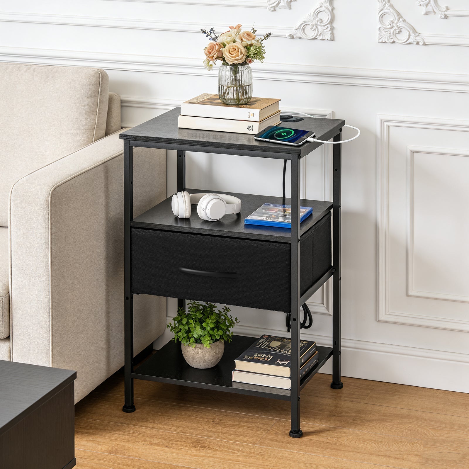 3 - Tier Bedside Table Nightstand with Charging Station - Flyachilles