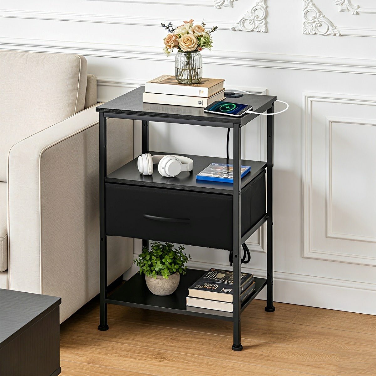 3 - Tier Bedside Table Nightstand with Charging Station - Flyachilles