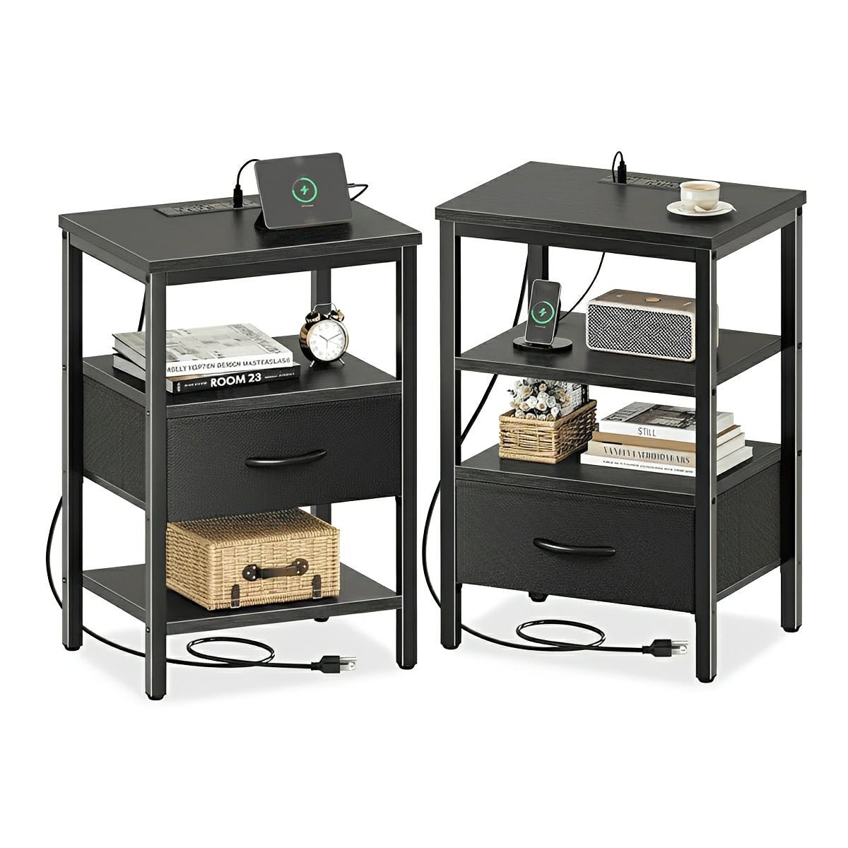 3 - Tier Bedside Table Nightstand with Charging Station - Flyachilles
