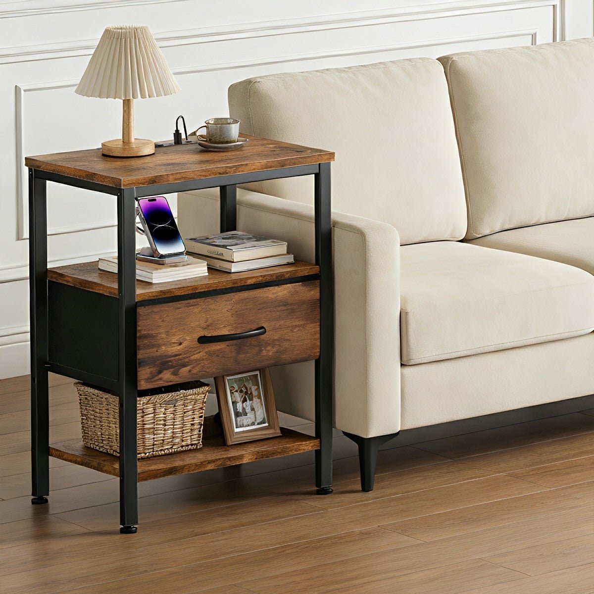 3 - Tier Bedside Table Nightstand with Charging Station - Flyachilles