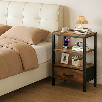 3 - Tier Bedside Table Nightstand with Charging Station - Flyachilles