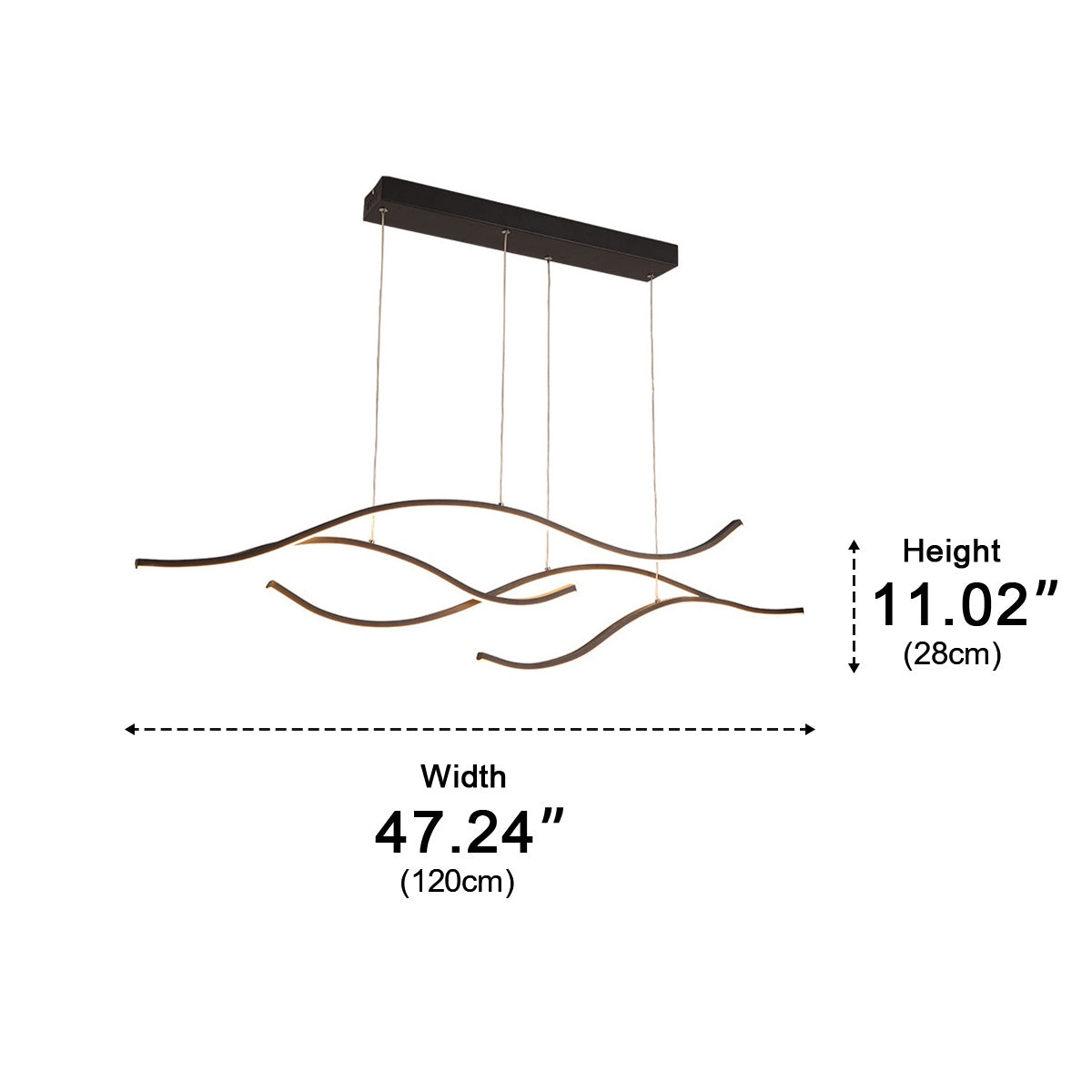 A modern multi-arm linear pendant light fixture with a dark metal finish, shown with dimension annotations indicating a width of 47.24 inches (120cm) and a height of 11.