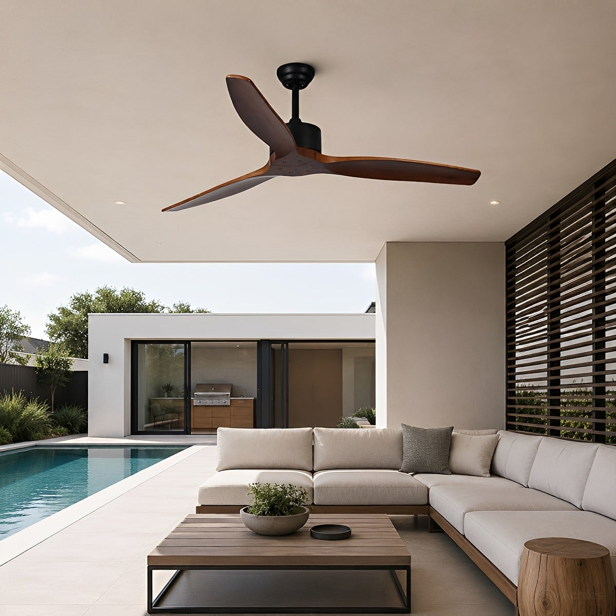 Sculptural Waterproof Modern Wood Reverse Outdoor Ceiling Fan