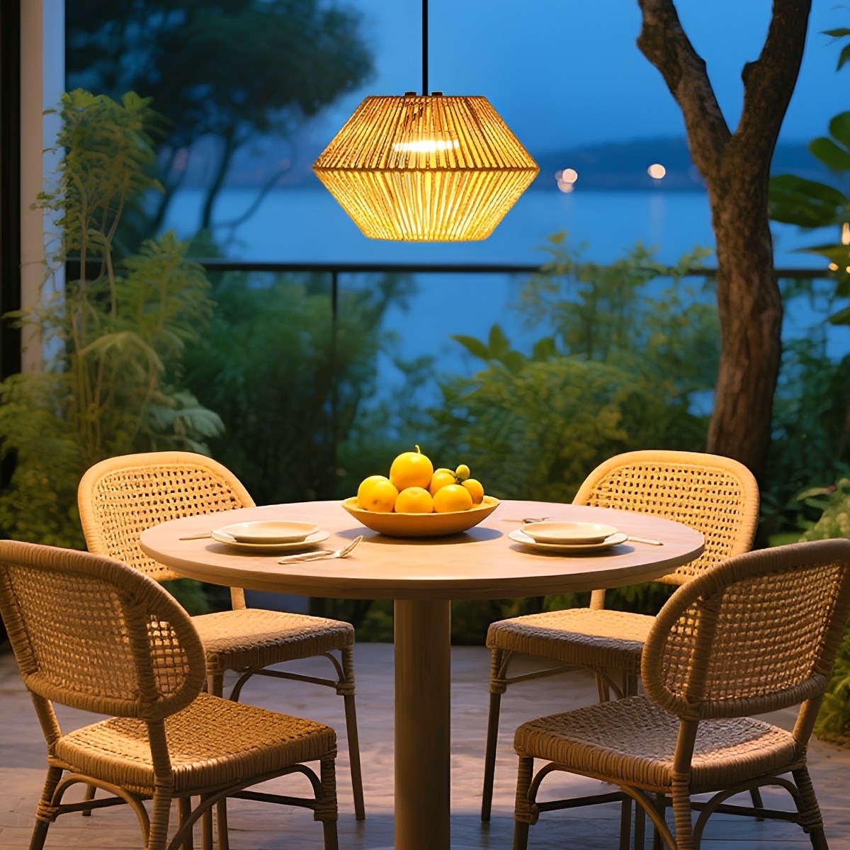 Waterproof Coastal Geometric Rattan LED Outdoor Pendant Light