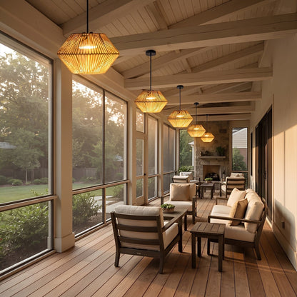 Waterproof Coastal Geometric Rattan LED Outdoor Pendant Light