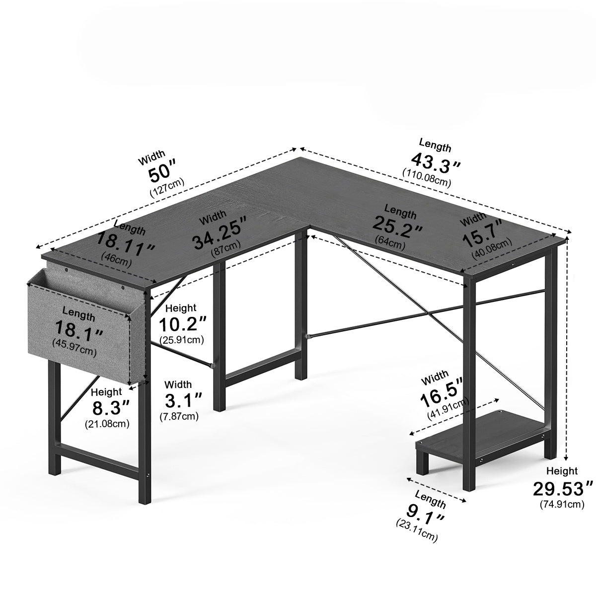 50 Inch Modern L - Shaped Computer Desk Gaming Corner Office Table - Flyachilles