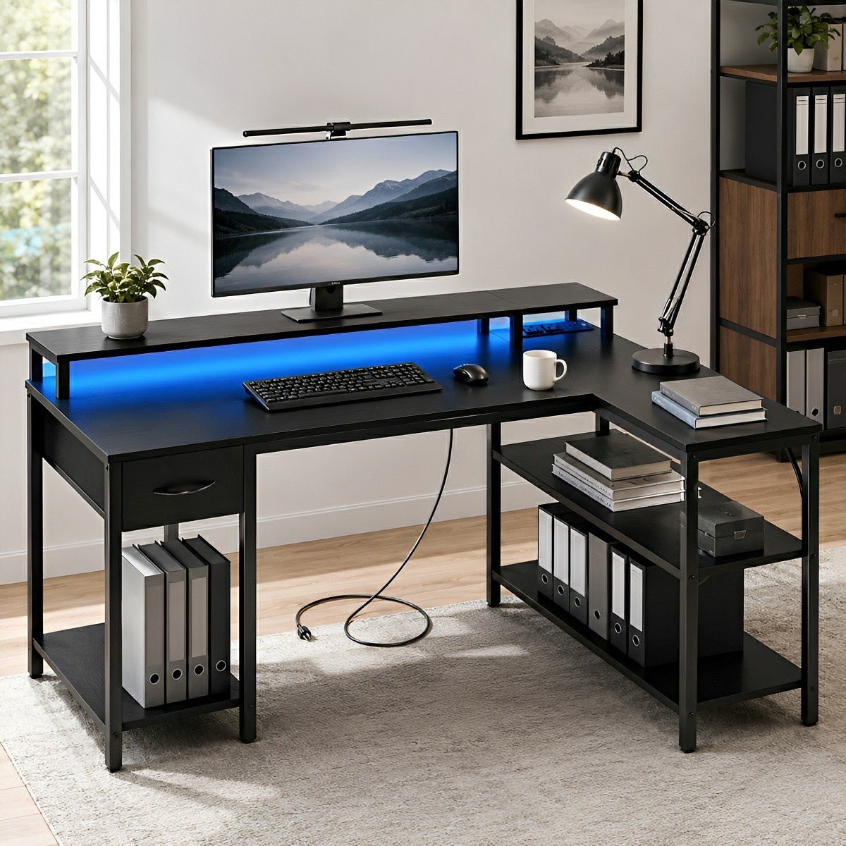 53" L-Shaped Gaming Desk with LED &amp; Power Outlet - Flyachilles