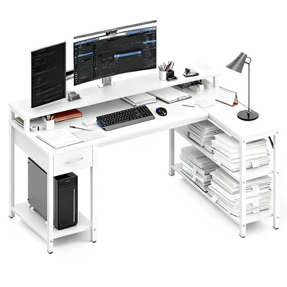 53" L-Shaped Gaming Desk with LED &amp; Power Outlet - Flyachilles