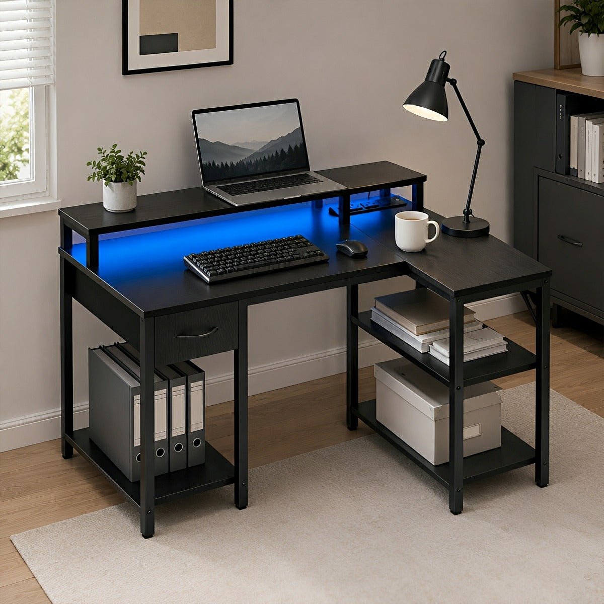 53" L-Shaped Gaming Desk with LED &amp; Power Outlet - Flyachilles
