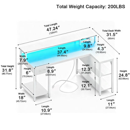 53" L-Shaped Gaming Desk with LED &amp; Power Outlet - Flyachilles
