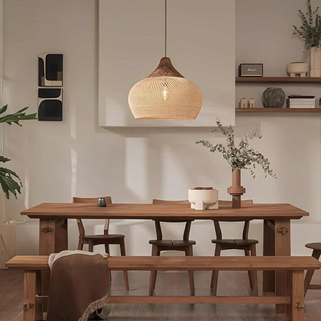 Bowl - shaped Handmade Rattan Pendant Light – Boho Woven Hanging Lamp - Flyachilles