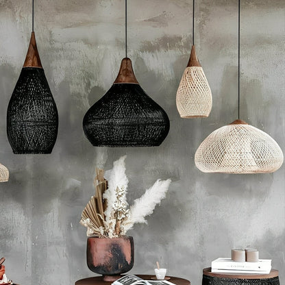 Bowl - shaped Handmade Rattan Pendant Light – Boho Woven Hanging Lamp - Flyachilles