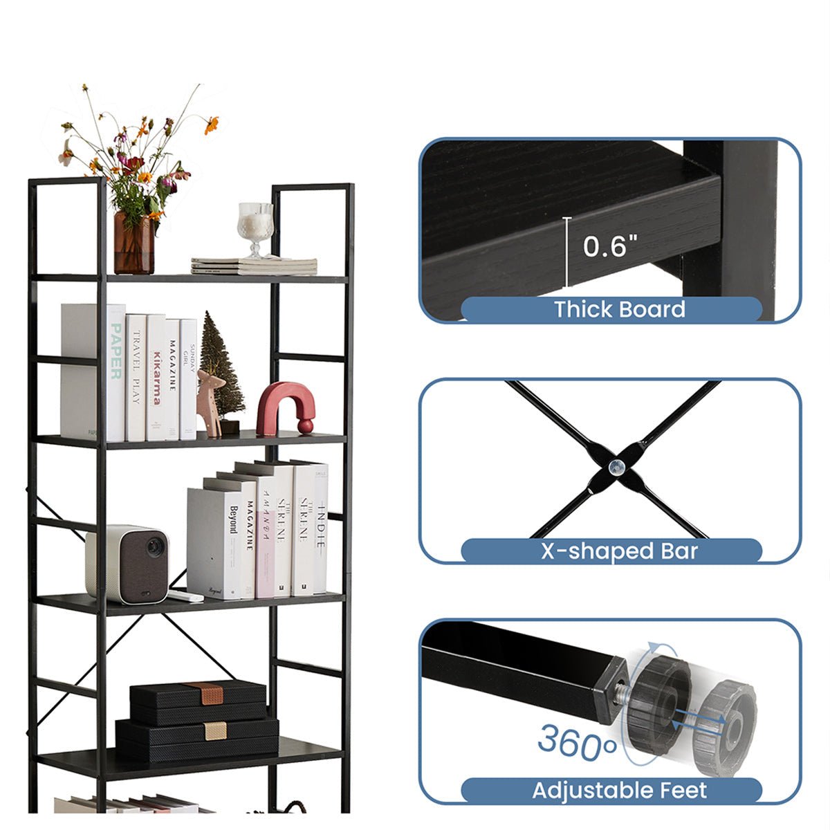 Classic 5 Tiers Bookshelf Storage Rack Shelves Storage Organizer - Flyachilles