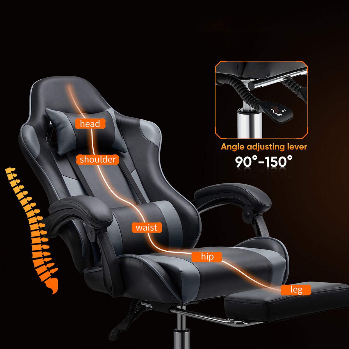 Ergonomic Computer Game Desk Chair Recliner - with Footrest &amp; Lumbar Support &amp; Headrest, Fixed Up Armrest, - Flyachilles