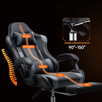 Ergonomic Computer Game Desk Chair Recliner - with Footrest &amp; Lumbar Support &amp; Headrest, Fixed Up Armrest, - Flyachilles