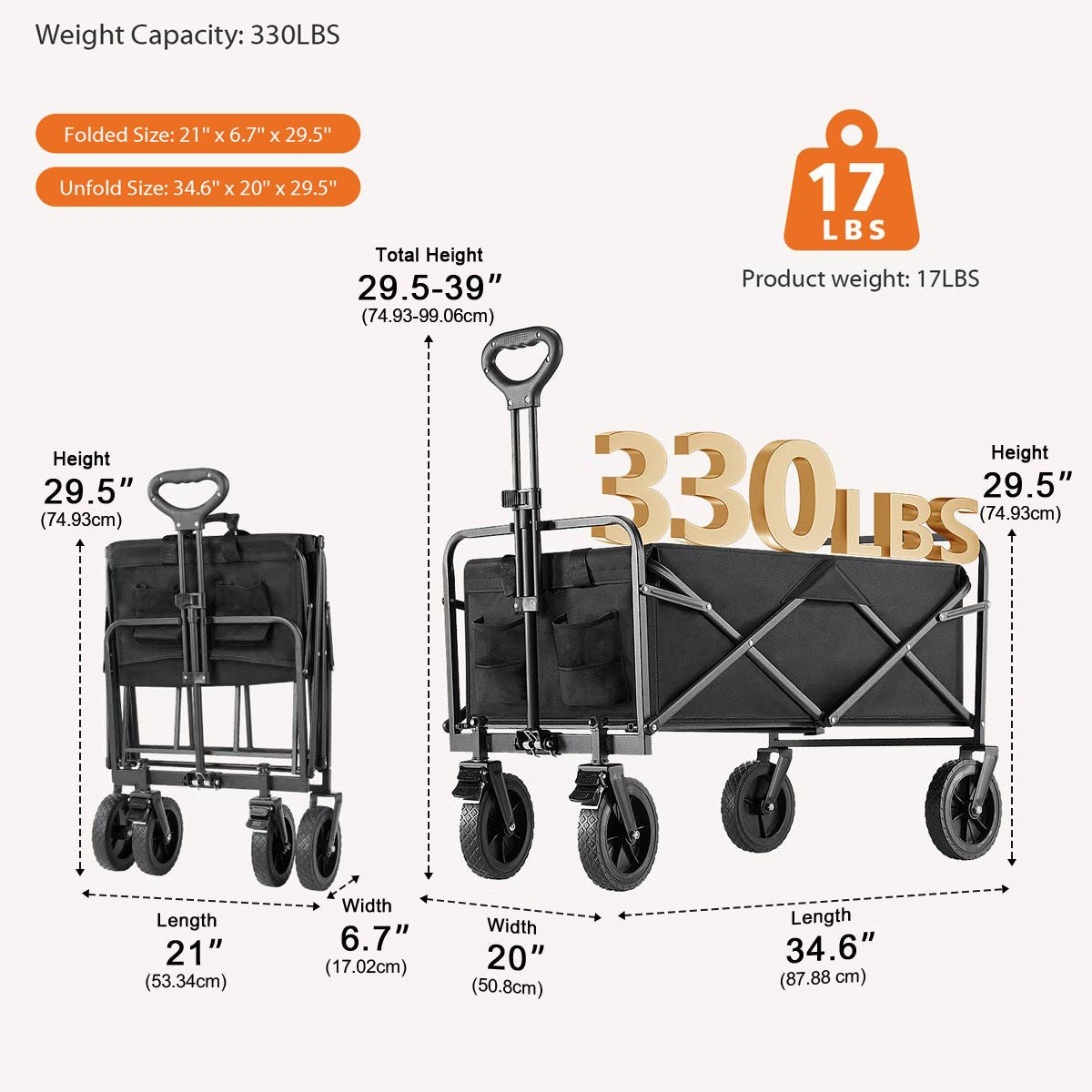 Heavy Duty 600D Folding All - Terrain Wagon Cart for Camping &amp; Shopping, 330lbs - Flyachilles