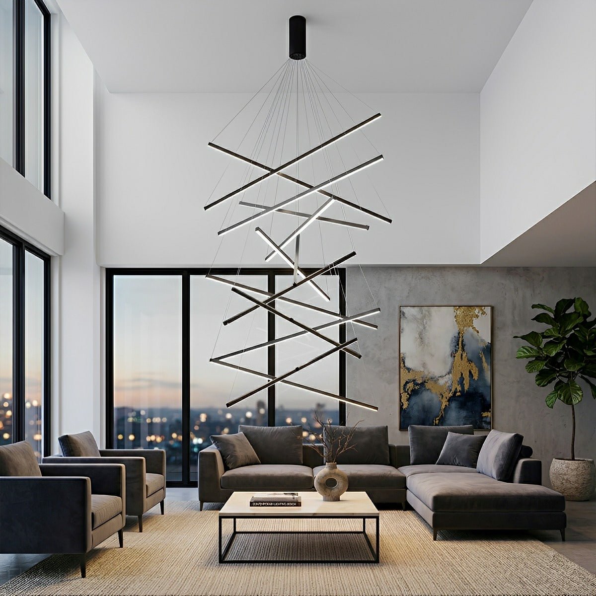 Minimalist Geometric Tiered Strip Dimming LED Black Modern Chandelier - Flyachilles
