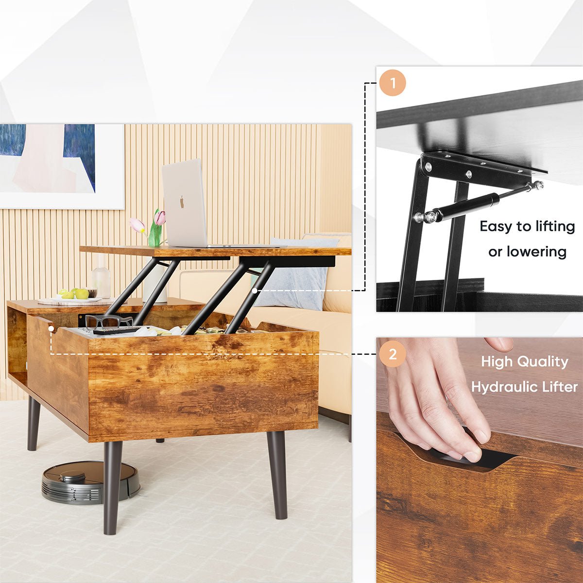 Modern Lift Tabletop Coffee Tables with Storage Shelf and Hidden Compartment - Flyachilles
