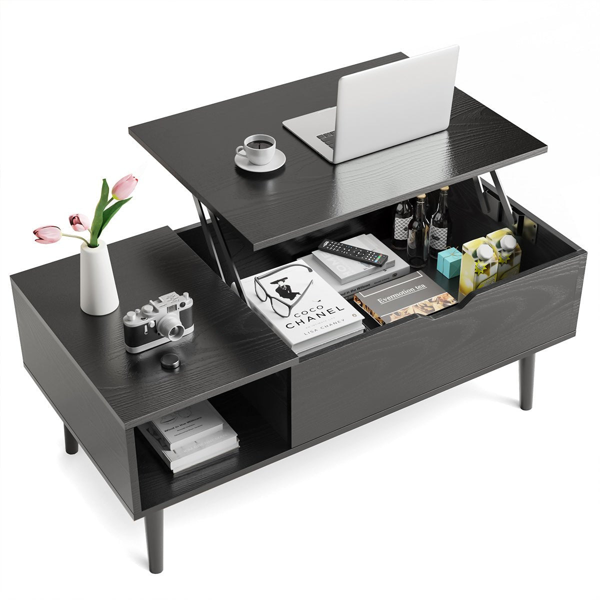 Modern Lift Tabletop Coffee Tables with Storage Shelf and Hidden Compartment - Flyachilles