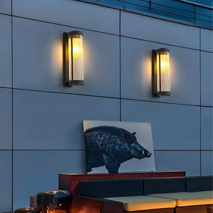 Modern Solar Waterproof Cylinder Striped Glass Outdoor LED Porch Wall Lights - Flyachilles