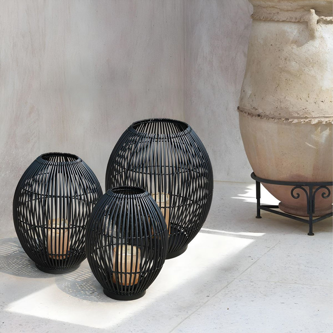 Outdoor Black Handwoven LED Candle Lantern Floor Lamp - Flyachilles