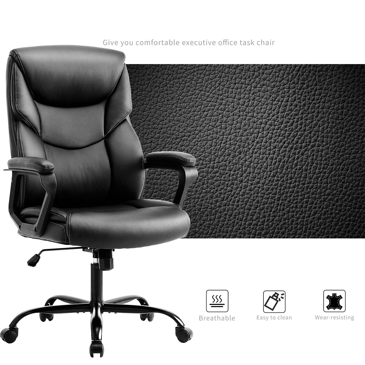 PU Leather Office Chair with Armrest,Lumbar Support, Strong Metal Base - Flyachilles