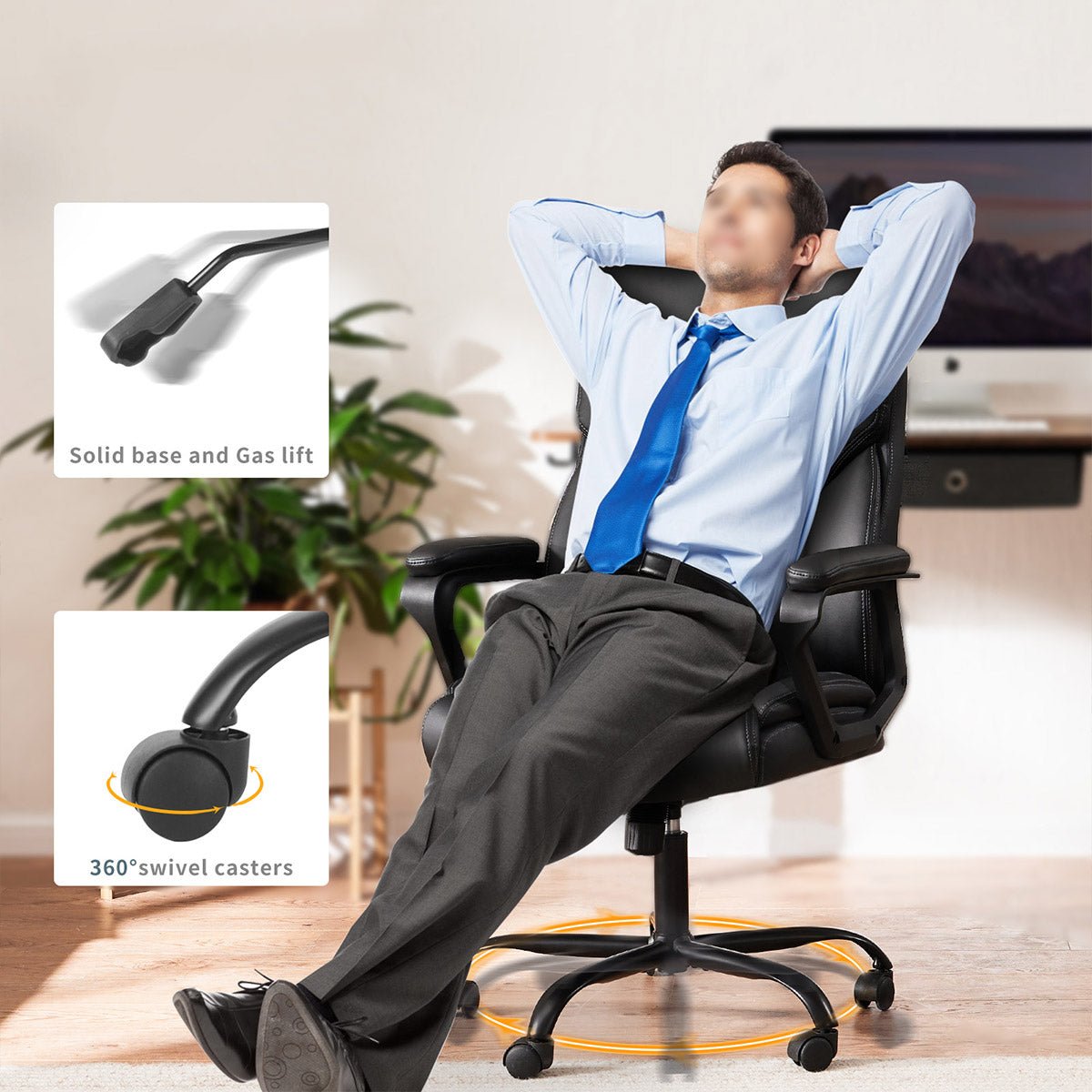 PU Leather Office Chair with Armrest,Lumbar Support, Strong Metal Base - Flyachilles