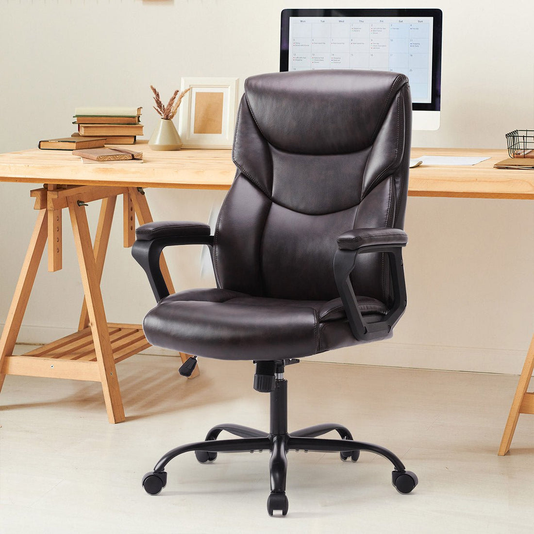 PU Leather Office Chair with Armrest,Lumbar Support, Strong Metal Base - Flyachilles