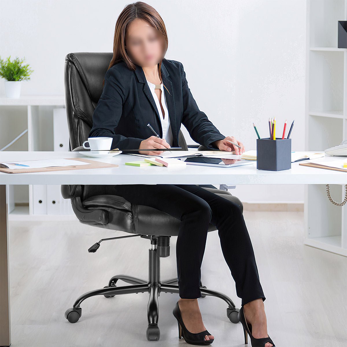 PU Leather Office Chair with Armrest,Lumbar Support, Strong Metal Base - Flyachilles