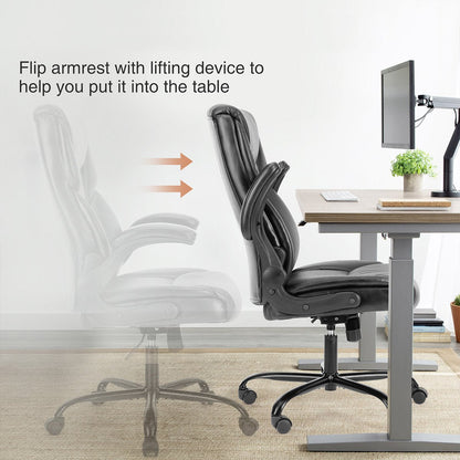 PU Leather Office Chair with Armrest,Lumbar Support, Strong Metal Base - Flyachilles