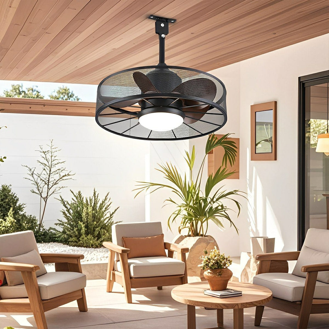 Rustic Mesh Ring - Round Outdoor DC Motor Reverse Ceiling Fan Light - Flyachilles