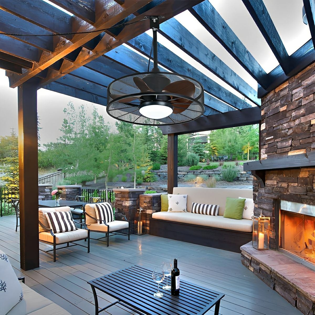 Rustic Mesh Ring - Round Outdoor DC Motor Reverse Ceiling Fan Light - Flyachilles