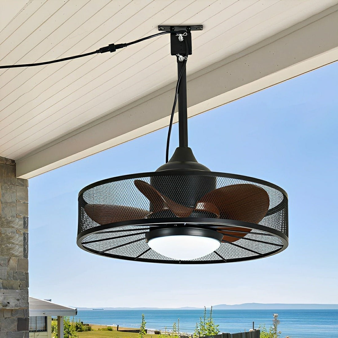 Rustic Mesh Ring - Round Outdoor DC Motor Reverse Ceiling Fan Light - Flyachilles