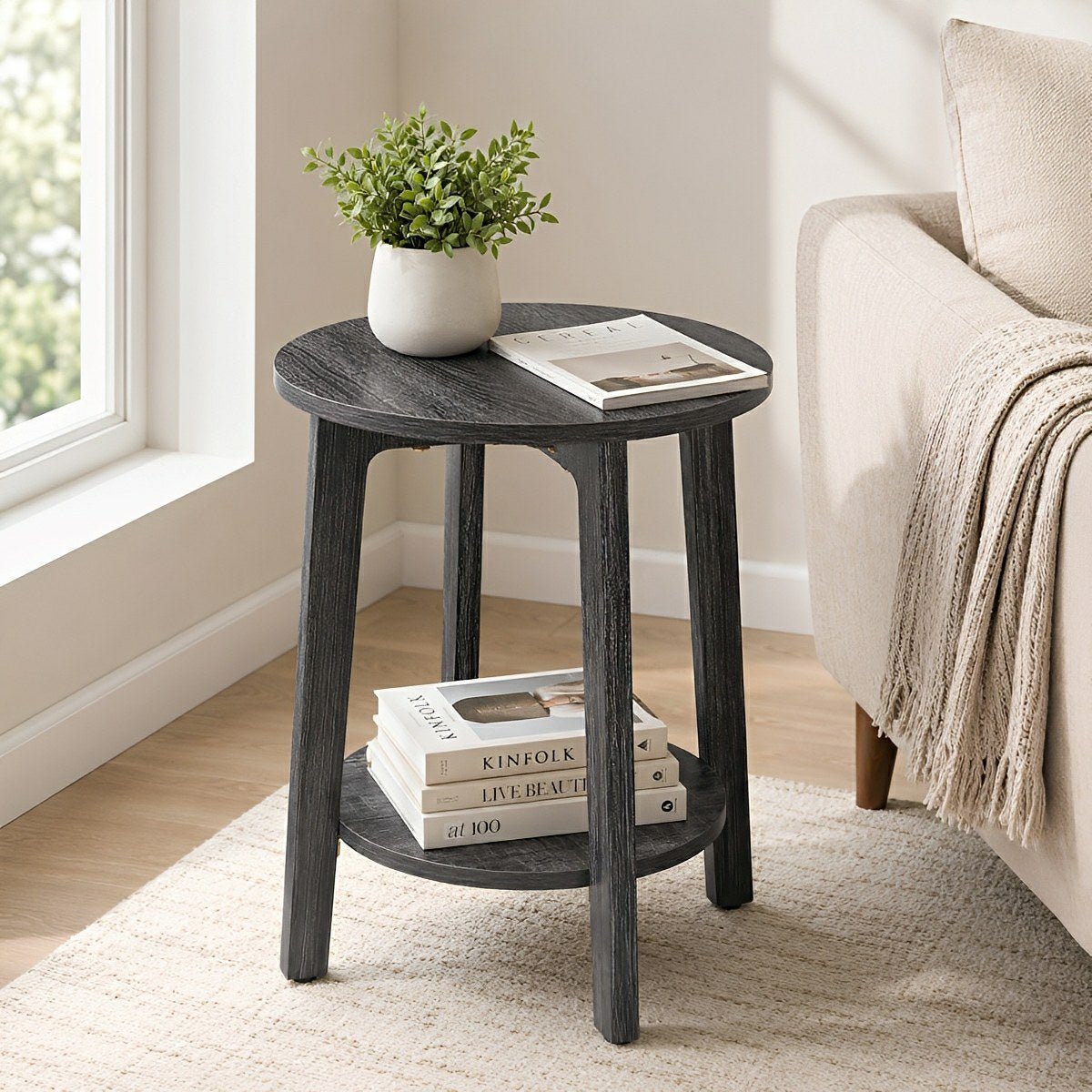 Small Round Wooden Side Table – Double Layer Shelves - Flyachilles