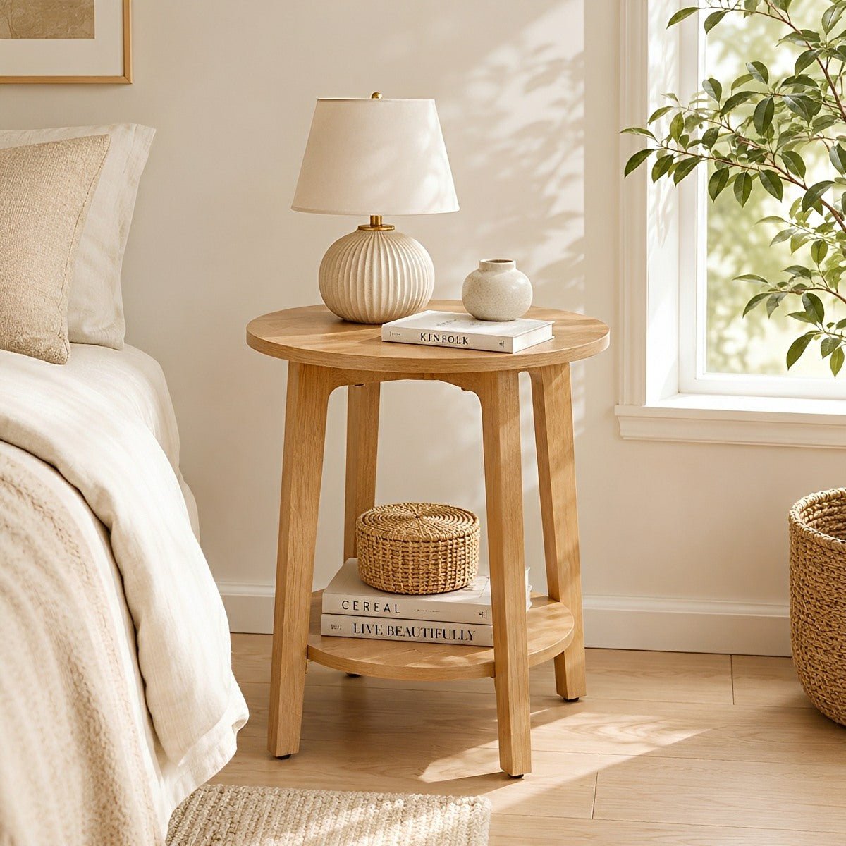 Small Round Wooden Side Table – Double Layer Shelves - Flyachilles