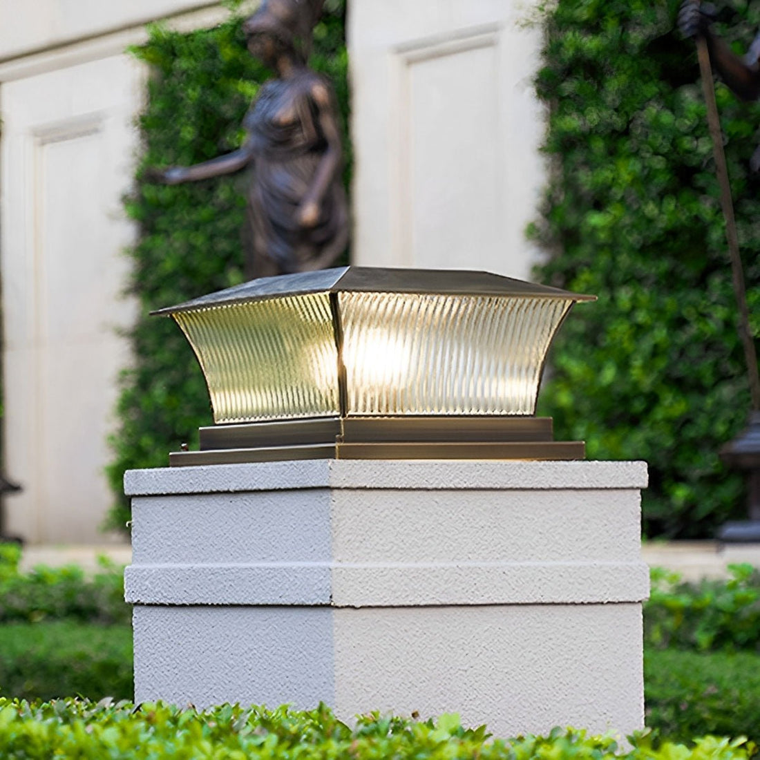 Solar Waterproof Copper Square Tower Striped Glass LED Outdoor Post Lights - Flyachilles