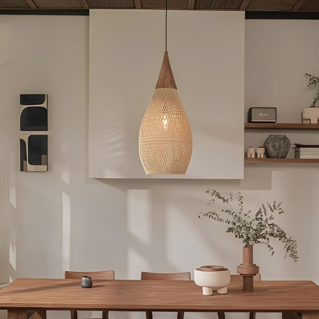 Teardrop - shaped Handmade Rattan Pendant Light – Boho Woven Hanging Lamp - Flyachilles