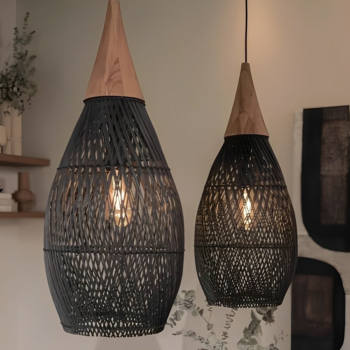 Teardrop - shaped Handmade Rattan Pendant Light – Boho Woven Hanging Lamp - Flyachilles