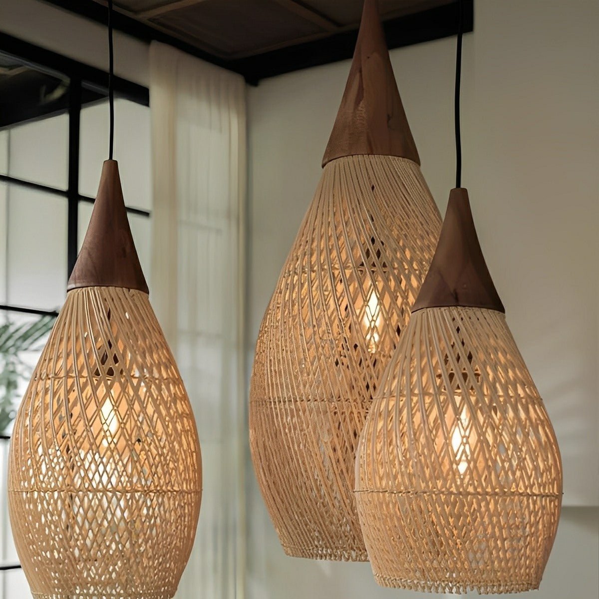 Teardrop - shaped Handmade Rattan Pendant Light – Boho Woven Hanging Lamp - Flyachilles